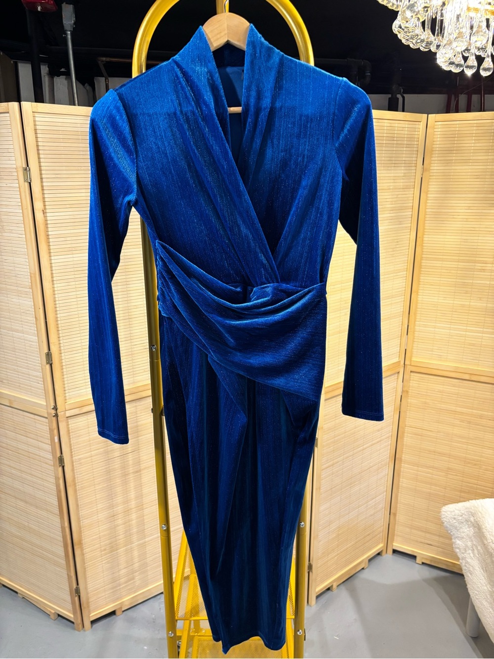 Blue Velvet Draped Wrap Dress